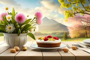 Kuchen und Blumen auf das Tabelle mit ein Aussicht von das Berge. KI-generiert foto