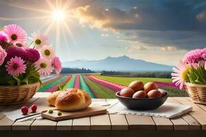 Frühling Blumen und Eier auf ein Tabelle mit ein Aussicht von das Landschaft. KI-generiert foto