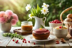 ein Tabelle mit ein Cupcake, ein Kuchen und andere Lebensmittel. KI-generiert foto