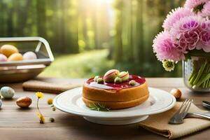 ein Kuchen mit Obst und Blumen auf ein Tisch. KI-generiert foto