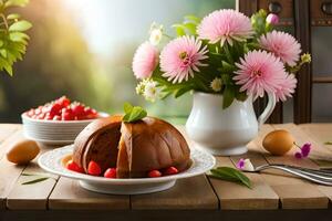 ein Kuchen mit Beeren und Blumen auf ein Tabelle Nächster zu ein Vase von Blumen. KI-generiert foto