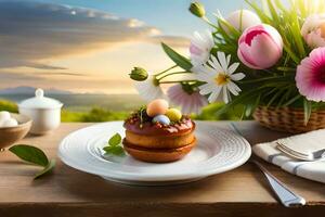 Ostern Dessert auf ein Teller mit Blumen und ein Vase von Tulpen. KI-generiert foto