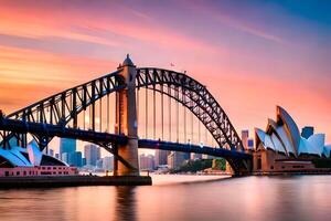 das Sydney Oper Haus und Brücke beim Sonnenuntergang. KI-generiert foto