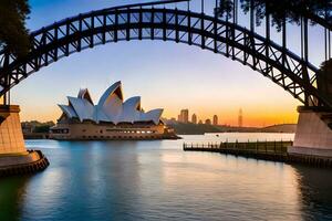 Sydney Oper Haus und Brücke beim Sonnenuntergang. KI-generiert foto