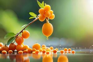 Orange Obst auf ein Ast mit Wasser. KI-generiert foto