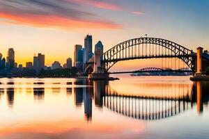 Sydney Hafen Brücke beim Sonnenuntergang. KI-generiert foto