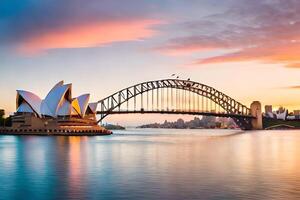 das Sydney Oper Haus und Brücke beim Sonnenuntergang. KI-generiert foto