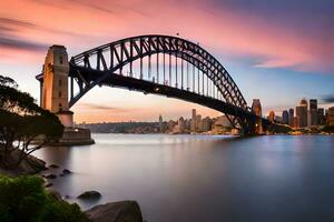 das Sydney Hafen Brücke beim Sonnenuntergang. KI-generiert foto