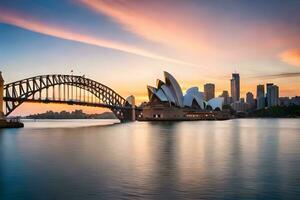 Sydney Horizont beim Sonnenuntergang mit das Oper Haus und Brücke. KI-generiert foto