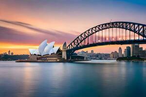 das Sydney Oper Haus und Brücke beim Sonnenuntergang. KI-generiert foto