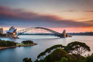 das Sydney Oper Haus und Sydney Brücke beim Sonnenuntergang. KI-generiert foto