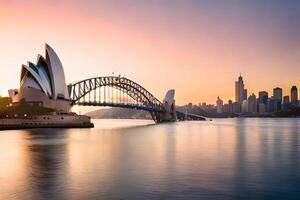 das Sydney Oper Haus und Sydney Brücke beim Sonnenuntergang. KI-generiert foto