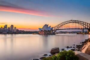 das Sydney Oper Haus und Brücke beim Sonnenuntergang. KI-generiert foto