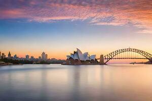 das Sydney Oper Haus und das Brücke beim Sonnenuntergang. KI-generiert foto