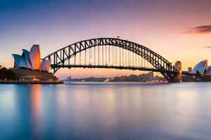 das Sydney Oper Haus und das Sydney Hafen Brücke beim Sonnenuntergang. KI-generiert foto