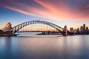 das Sydney Oper Haus und Sydney Brücke beim Sonnenuntergang. KI-generiert foto