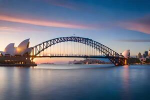 das Sydney Oper Haus und Sydney Brücke beim Sonnenuntergang. KI-generiert foto