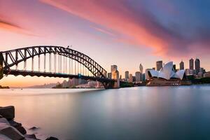 das Sydney Horizont beim Sonnenuntergang mit das Oper Haus im das Hintergrund. KI-generiert foto