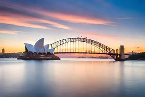 das Sydney Oper Haus und Brücke beim Sonnenuntergang. KI-generiert foto