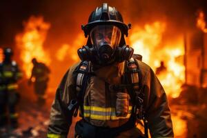 Feuerwehrmann mit Wasser und Feuerlöscher zu Kampf mit Feuer Flamme im ein Notfall, generativ ai foto