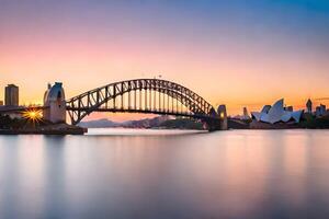 das Sydney Oper Haus und das Sydney Hafen Brücke beim Sonnenuntergang. KI-generiert foto