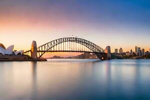 das Sydney Oper Haus und Brücke beim Sonnenuntergang. KI-generiert foto