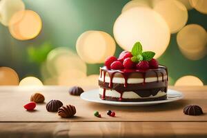 ein Schokolade Kuchen mit Himbeeren auf oben. KI-generiert foto