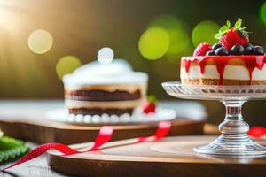 zwei Kuchen mit Beeren und Sahne auf ein hölzern Tisch. KI-generiert foto