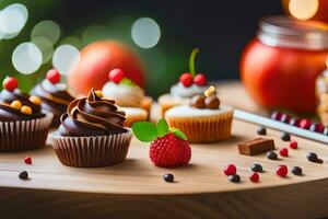 verschiedene Cupcakes auf ein hölzern Tabelle mit Beeren und andere Dekorationen. KI-generiert foto