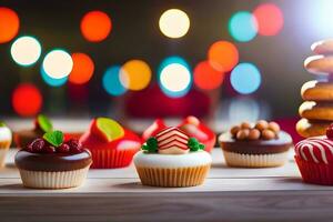 Weihnachten Cupcakes auf ein Tabelle mit Beleuchtung. KI-generiert foto