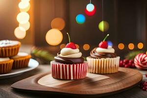 Weihnachten Cupcakes auf hölzern Tabelle mit Weihnachten Beleuchtung. KI-generiert foto