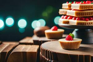 ein Kuchen auf ein hölzern Stand mit ein Cupcake auf oben. KI-generiert foto