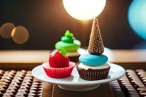 drei Cupcakes auf ein Teller mit ein Licht im das Hintergrund. KI-generiert foto