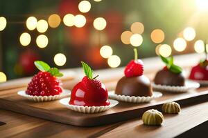 Schokolade bedeckt Erdbeeren auf ein hölzern Tablett mit Beleuchtung im das Hintergrund. KI-generiert foto
