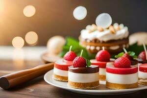 klein Kuchen mit Sahne und Erdbeeren auf ein Platte. KI-generiert foto
