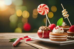 Weihnachten Nachspeisen auf ein Teller mit Süßigkeiten und Lutscher. KI-generiert foto