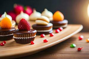 Schokolade Cupcakes mit Obst auf ein hölzern Tablett. KI-generiert foto