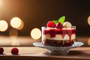 ein Dessert mit Himbeeren und Sahne auf ein hölzern Tisch. KI-generiert foto