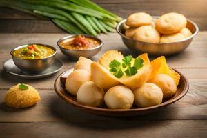 indisch Essen auf hölzern Tabelle mit Schalen von Lebensmittel. KI-generiert foto