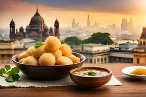indisch Essen im ein Schüssel mit ein Aussicht von das Stadt. KI-generiert foto