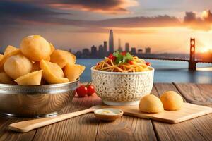 Chinesisch Essen mit golden Brücke im Hintergrund. KI-generiert foto