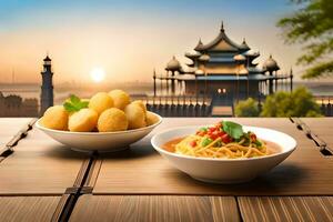 Chinesisch Essen mit orientalisch die Architektur im Hintergrund. KI-generiert foto