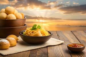 Italienisch Essen mit Spaghetti und Brot auf hölzern Tabelle mit Sonnenuntergang Hintergrund. KI-generiert foto