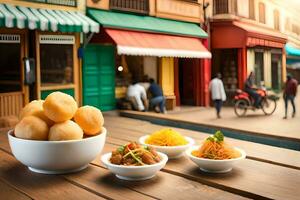 indisch Straße Essen im das Hintergrund. KI-generiert foto