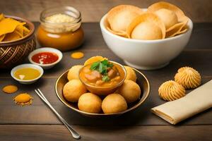 indisch Essen mit brot, Chips und tauchen. KI-generiert foto