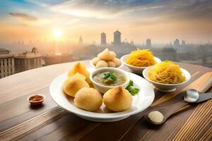 Chinesisch Essen mit ein Aussicht von das Stadt Horizont. KI-generiert foto