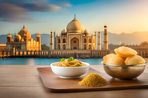 indisch Essen mit taj Mahal im Hintergrund. KI-generiert foto