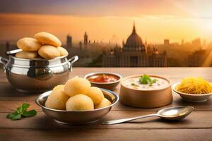 indisch Essen mit Stadt Aussicht im Hintergrund. KI-generiert foto