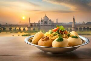 indisch Essen im ein Schüssel mit ein Aussicht von das taj Mahal. KI-generiert foto