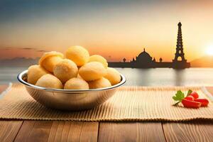 indisch Essen im ein Schüssel mit das Eiffel Turm im das Hintergrund. KI-generiert foto